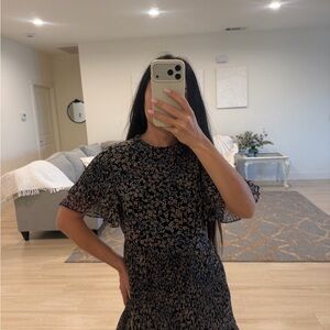 Topshop Black Floral Midi Dress with Flutter Sleeves and Smocked Waist